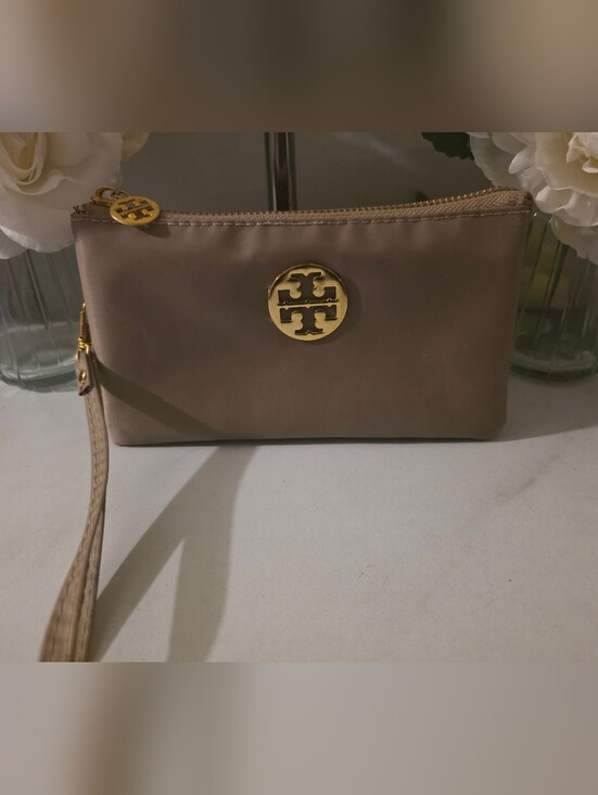 Tory Burch Handbags - Tory Burch Taupe Logo Wristlet